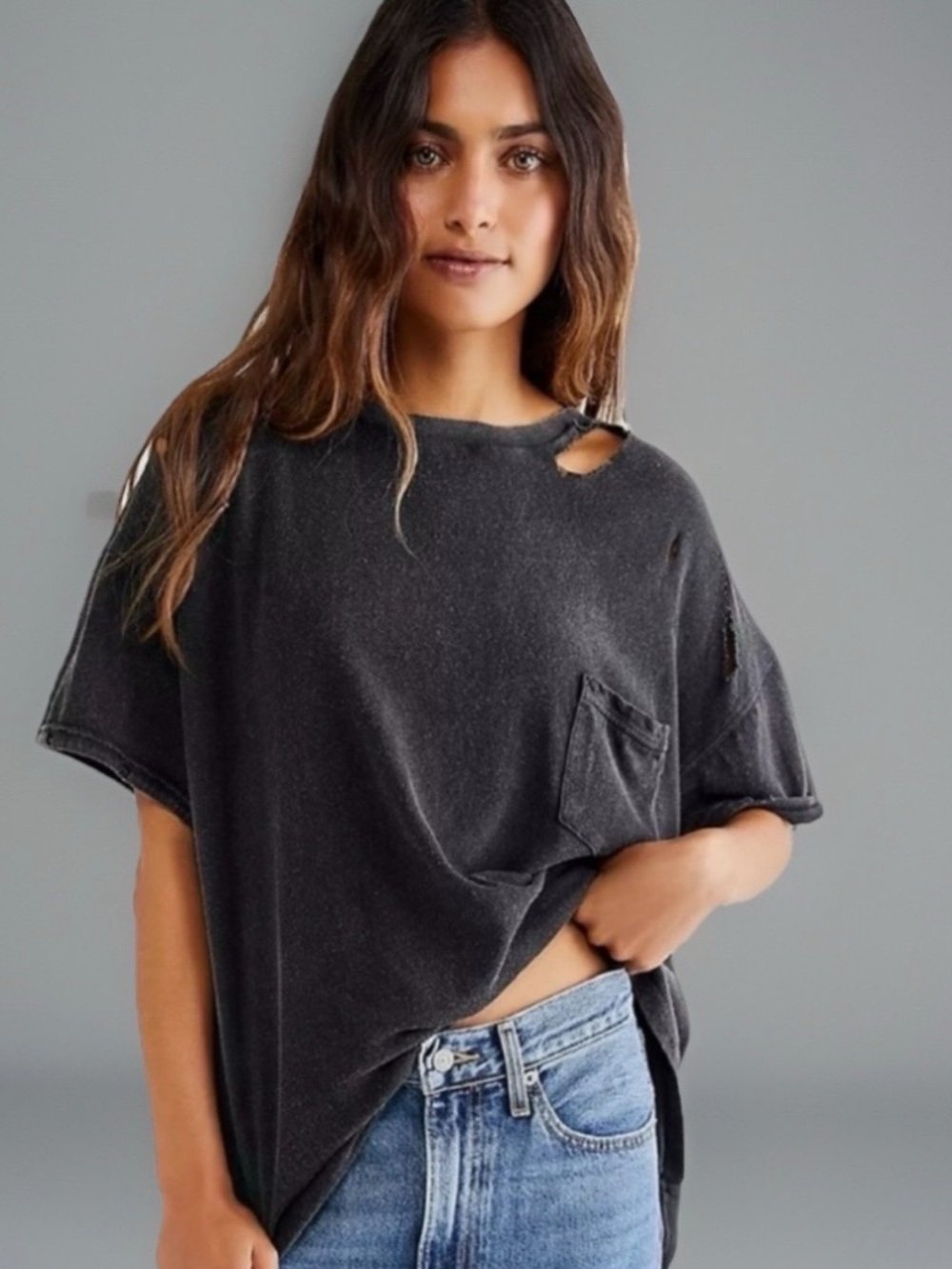 Free People We the Free NWOT Rubi Distressed Short Sleeve Black Tee Shirt, XS